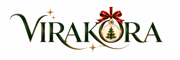 Logotipo de Virakora verde abeto con adornos dorados y lazo rojo