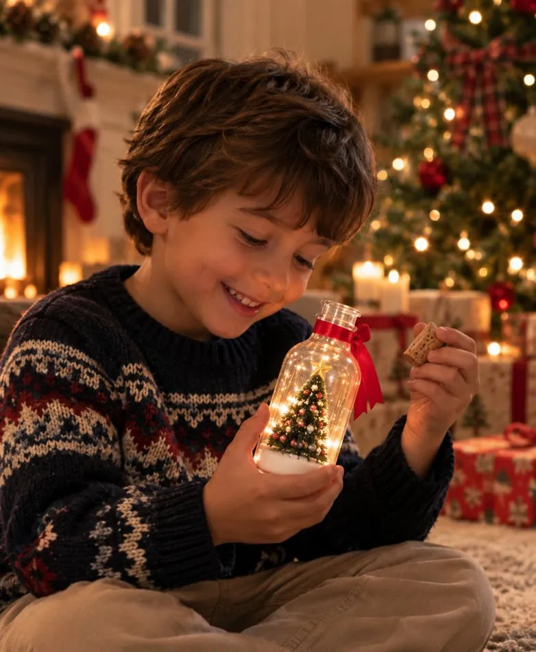 Escena ilustrativa de un niño con el adorno navideño