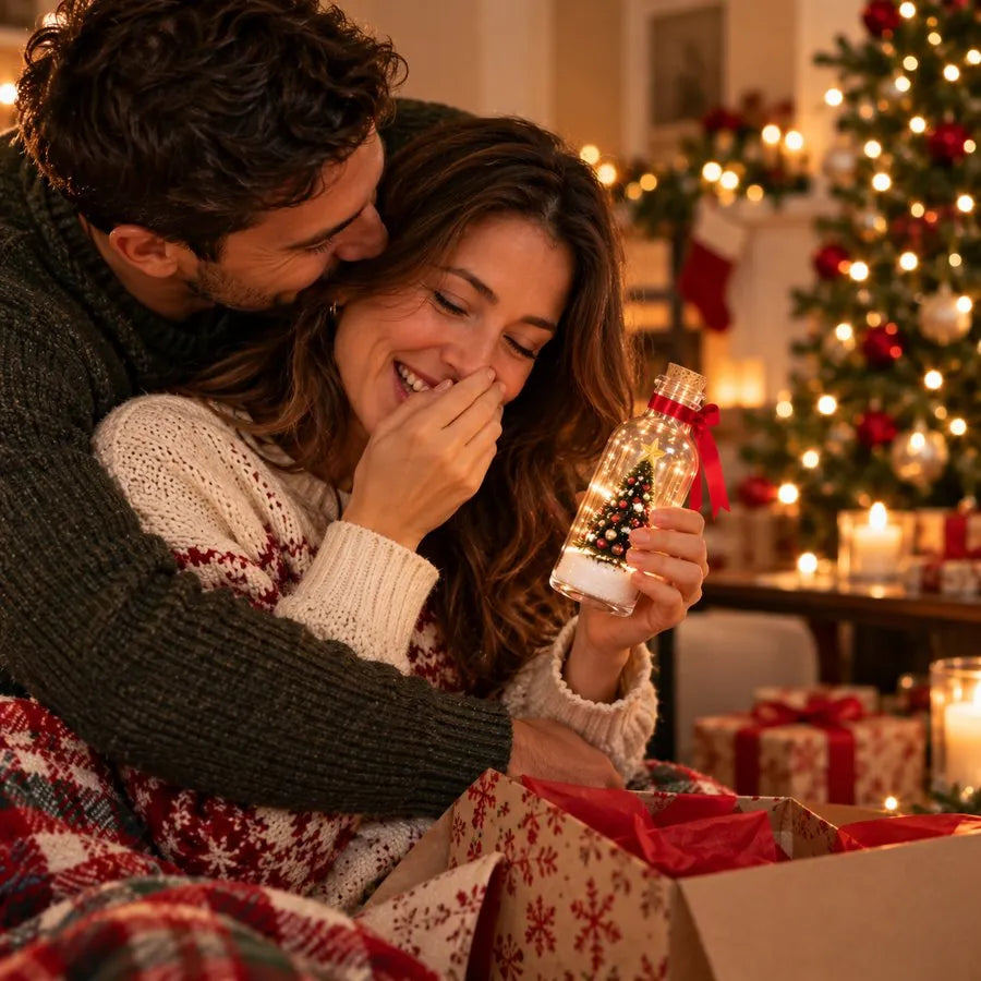 Escena ilustrativa de una pareja con un regalo navideño