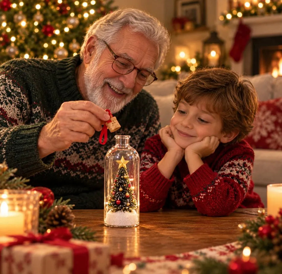 Escena ilustrativa de abuelo y nieto junto a un adorno navideño